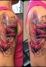手臂罂粟花和线条彩绘纹身图案
