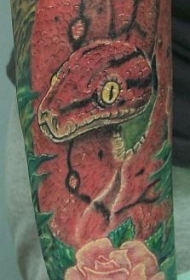 腿部彩色逼真的蛇与花朵纹身图案
