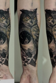 手臂素描风格彩色大猫头鹰纹身图案