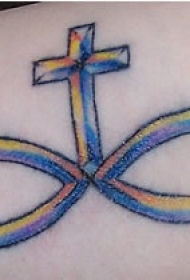 两只鱼轮廓和十字架简约纹身图案