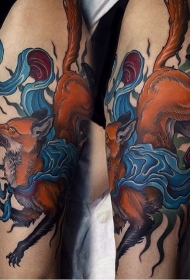 腿部新风格的彩色狐狸纹身图案