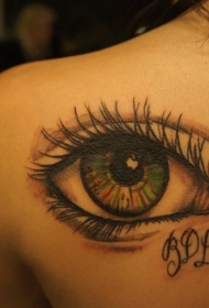 女生背部彩色大眼睛纹身图案