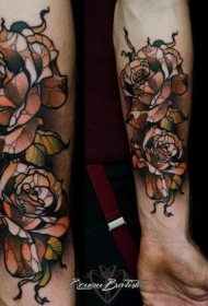 手臂水彩色玫瑰花纹身图案