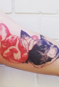插画风格彩色两只狗头像纹身图案