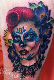 墨西哥传统风格彩色女性肖像与鲜花纹身图案