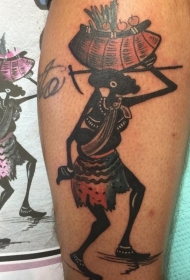 腿部滑稽的彩色部落工人与篮子纹身