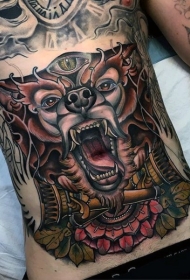 腹部壮观的彩色恶魔狗火炬和鲜花纹身图案
