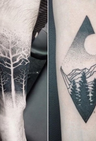 手臂黑白点彩森林大山纹身图案