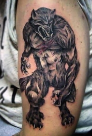 手臂插画风格邪恶的狼人纹身图案
