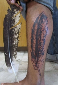 腿上巨大的鹰羽毛纹身图案
