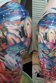 肩部缤纷多彩的野生动物星空花朵纹身图案