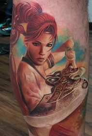 小腿彩色女战士纹身图案