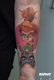 小臂彩色卡通可爱女孩与怪物纹身图案