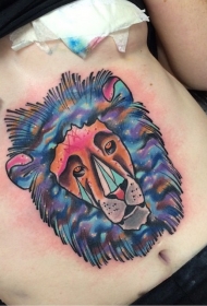 腹部幻想风格彩色星空狮子头像纹身图案