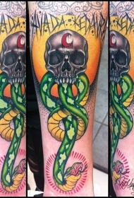 手臂插画风格的彩色大蛇与骷髅头纹身