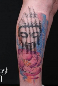 腿部彩色印度教风格的如来佛祖头纹身