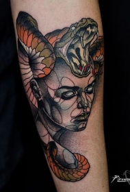 手臂现代风格的彩色神秘女人与蛇纹身