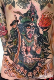腹部new school彩色邪恶的印度女神纹身图案