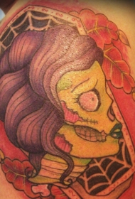 肩部彩色僵尸女人头纹身图案