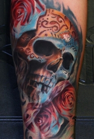 手臂墨西哥式彩色骷髅与玫瑰纹身图片