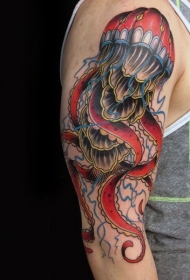 手臂非常逼真的彩色水母纹身图案