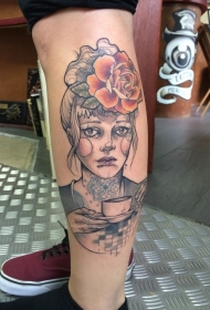 小腿素描风格的彩色漂亮女生鲜花和茶杯纹身图案