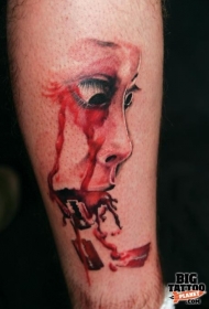 小腿彩色恐怖风格血腥女性脸纹身图案