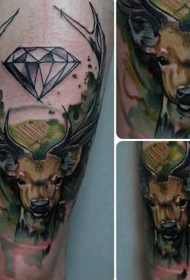 大腿水彩风格彩色鹿与钻石纹身图案