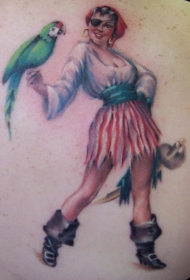 肩部彩色海盗女孩与鹦鹉纹身图片