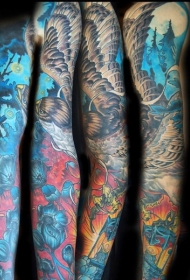 手臂华丽的彩绘飞鹰森林花朵纹身图案