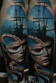 小腿帆船女人肖像和章鱼纹身图案