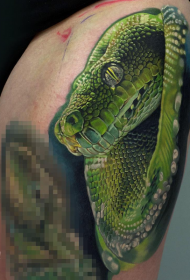 腿部逼真的彩色大青蛇纹身图案