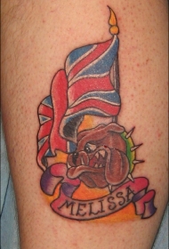 腿部彩色英国国旗与猎犬纹身图案