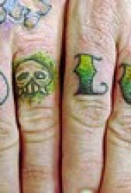 手指彩色骷髅头与字母纹身图片