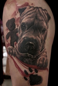 大腿写实风格彩色有趣的狗头像纹身图案
