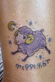 紫色的卡通绵阳与月亮星星纹身图案