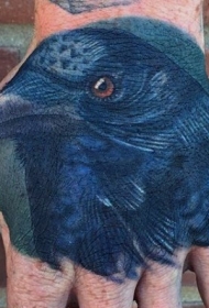 手背彩色逼真的乌鸦头像纹身图案