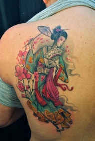 背部好看的彩色艺妓花朵纹身图案