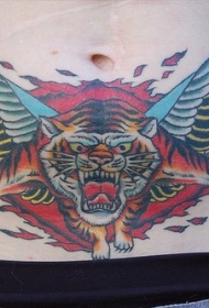 腹部愤怒出火焰的翅膀老虎纹身图案