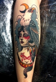 school女人与鹰和月亮彩色纹身图案