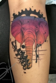 小腿好看的彩色大象头像纹身图案