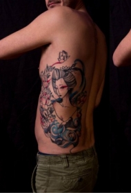 腰侧彩色日本传统艺妓与花朵纹身图案