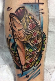 腿部锋利的彩绘大鱼纹身图案