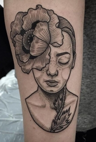 手臂点画风格的大罂粟花女人肖像纹身