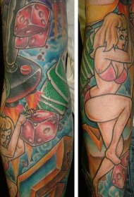 手臂彩色赌徒女孩与生活纹身图案