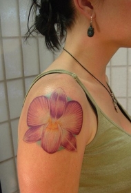女性肩部逼真的粉红兰花纹身图案