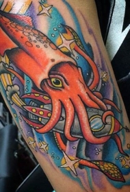 腿部彩色有趣的鱿鱼与太空火箭纹身