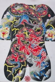 日本全甲红色龙纹身设计图案手稿