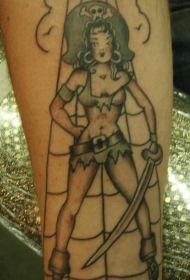 腿部海盗女孩剑纹身图案
