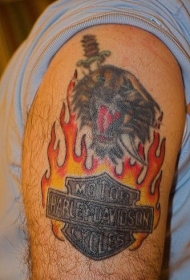 大臂哈雷戴维森标志和火焰纹身图案